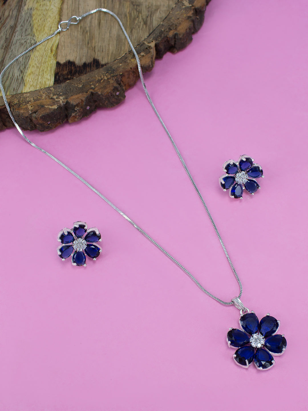 Blue American Diamond Floral Pendant and Earring Trendy Necklace Set