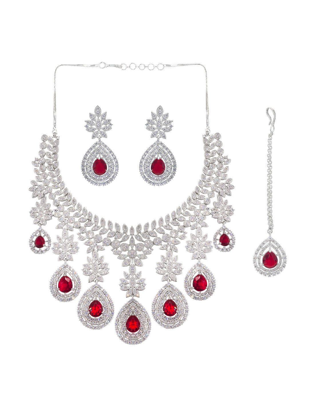 Rhodium Plated Red American Diamond Teardrop Jewellery Set