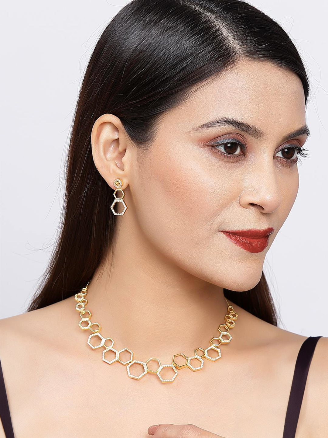 Gold Plated Geometric Shaped American Diamond Studded Jewellery Set