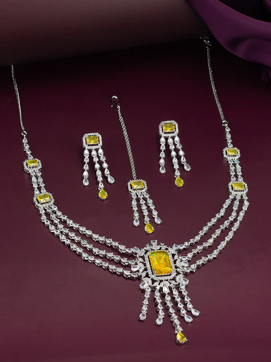 Rhodium Plated Yellow Three Layered AD Bridal Jewellery Set