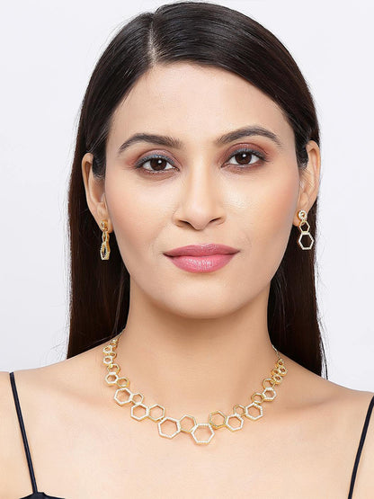 Gold Plated Geometric Shaped American Diamond Studded Jewellery Set