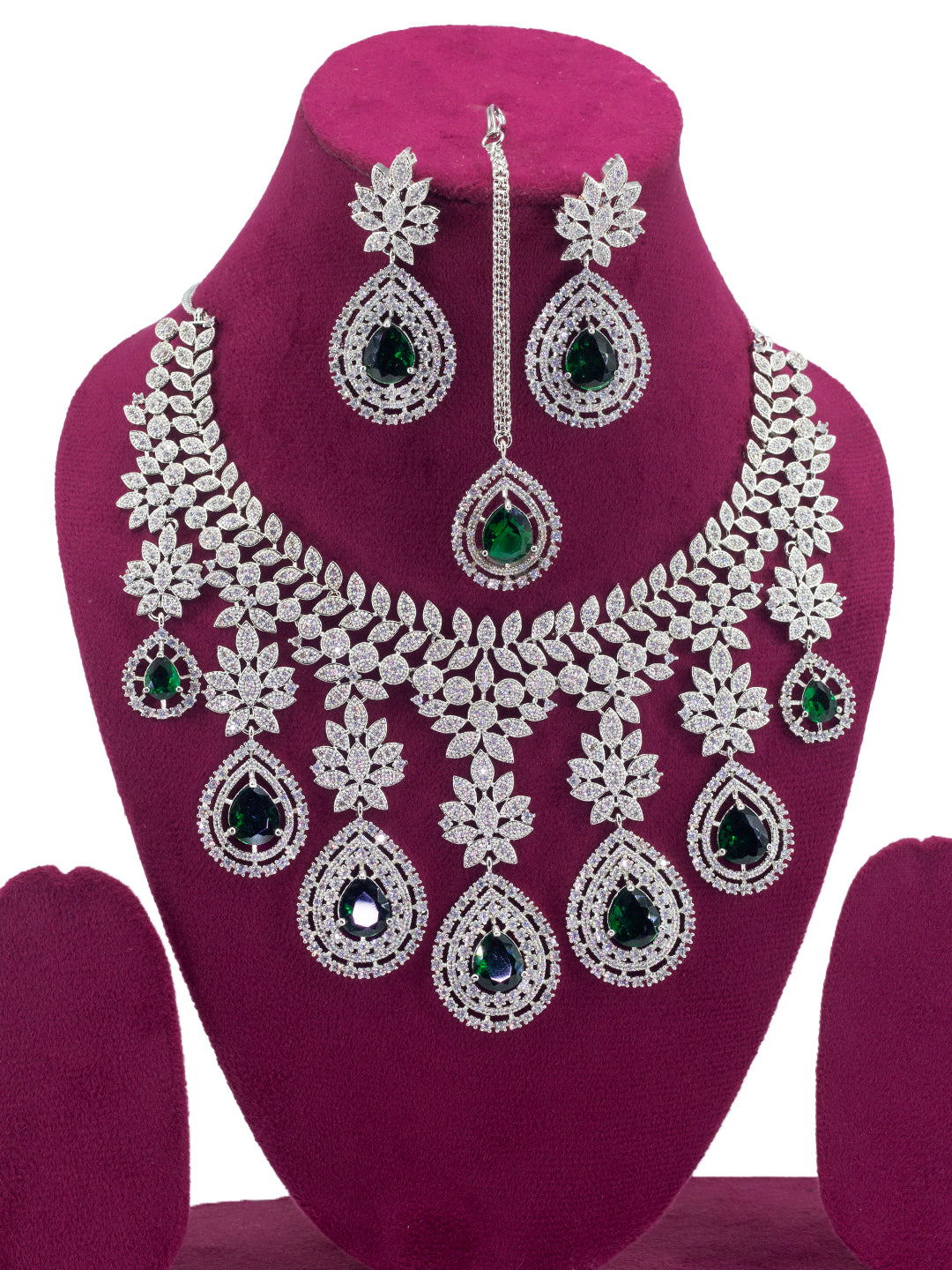 Rhodium Plated Green American Diamond Teardrop Jewellery Set