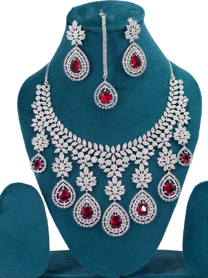 Rhodium Plated Red American Diamond Teardrop Jewellery Set