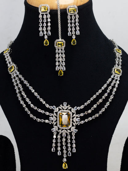 Rhodium Plated Yellow Three Layered AD Bridal Jewellery Set