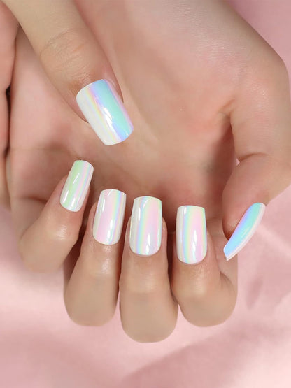 Set of 24 Pink and White Metallic Duochrome stick on nails