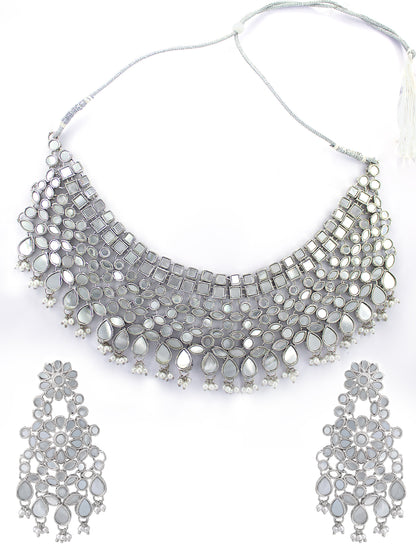 Silver-Plated Mirror-Studded & Pearls Beaded Jewellery Set With Maangtika