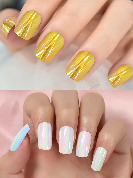 Set of 24 Gold and White Metallic Duochrome stick on nails