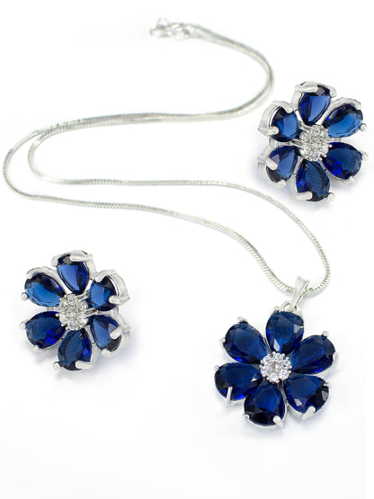 Blue American Diamond Floral Pendant and Earring Trendy Necklace Set