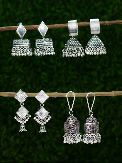 Pack of 4 Silver Oxidised Artificial Stones Studded Jhumka Earrings