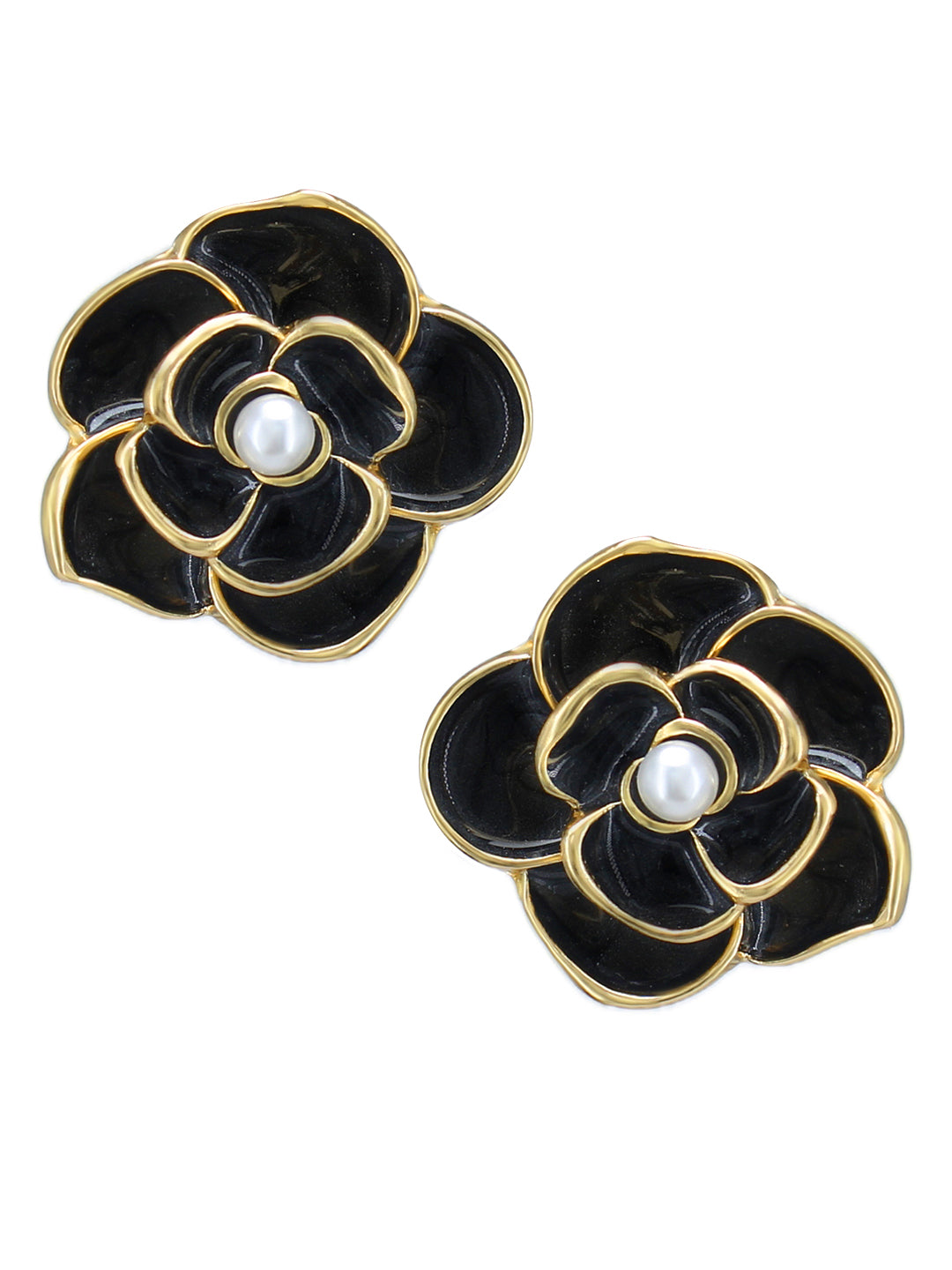 Gold-Plated Black Pearl Floral Studs Earrings