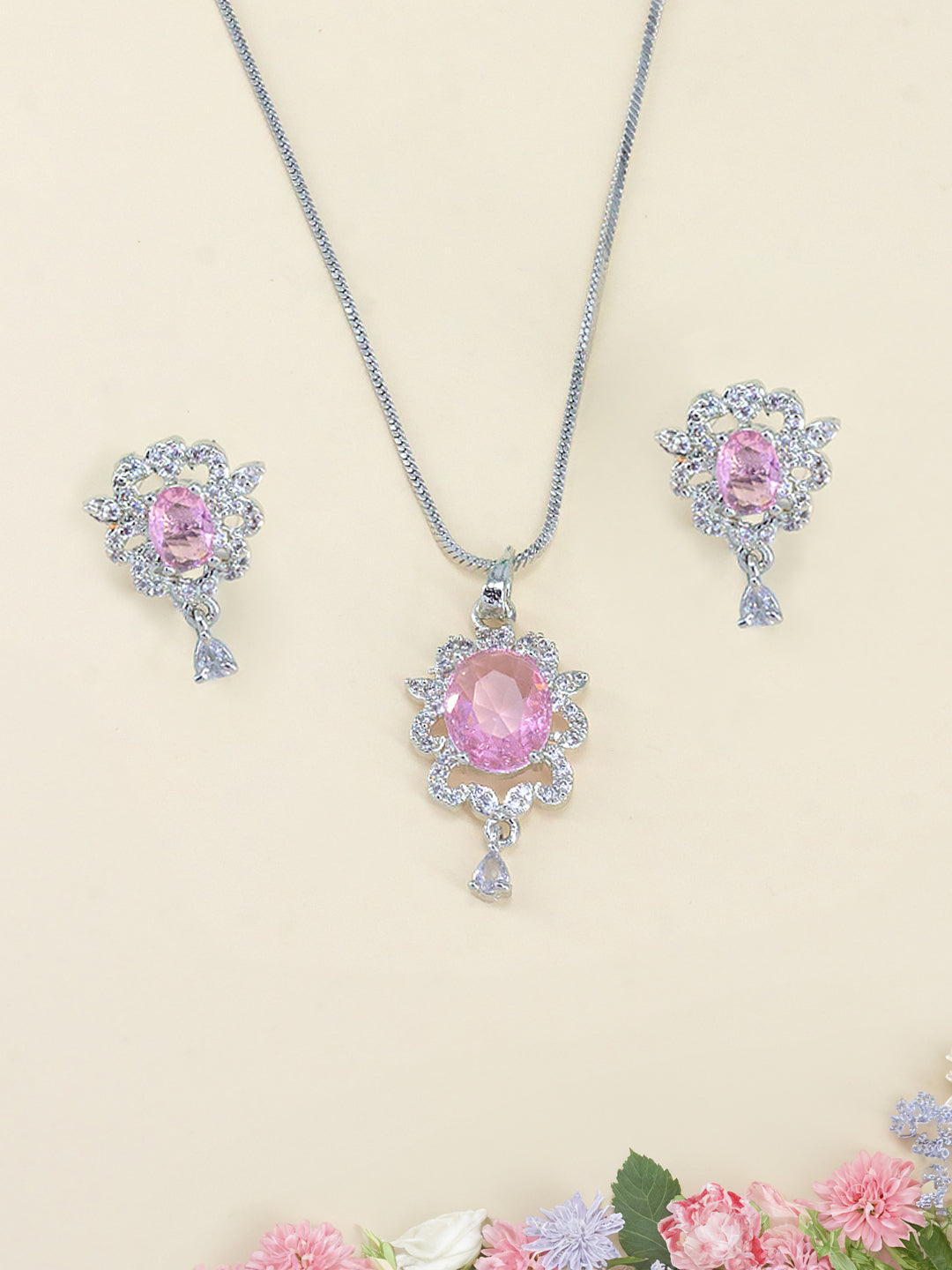 Rhodium Plated Pink Oval Shaped American Diamond Studded Pendant Set