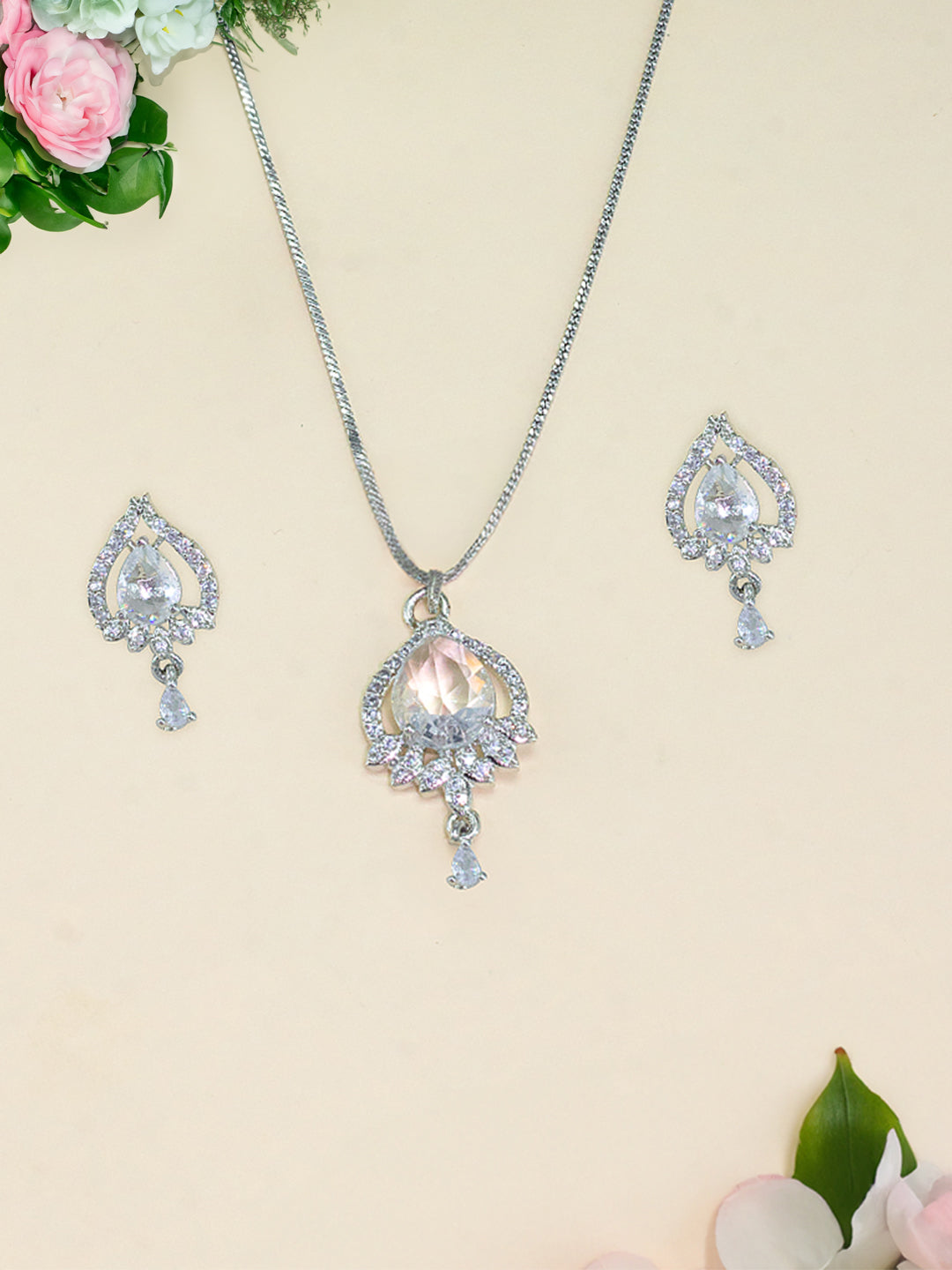 Rhodium Plated Teardrop American Diamond Studded Trendy Pendant Set