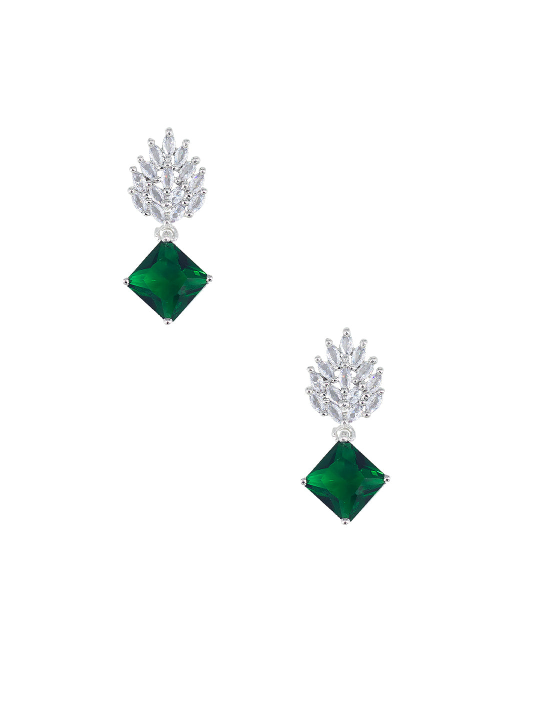 Rhodium Plated Green AD Trendy Drop Earrings