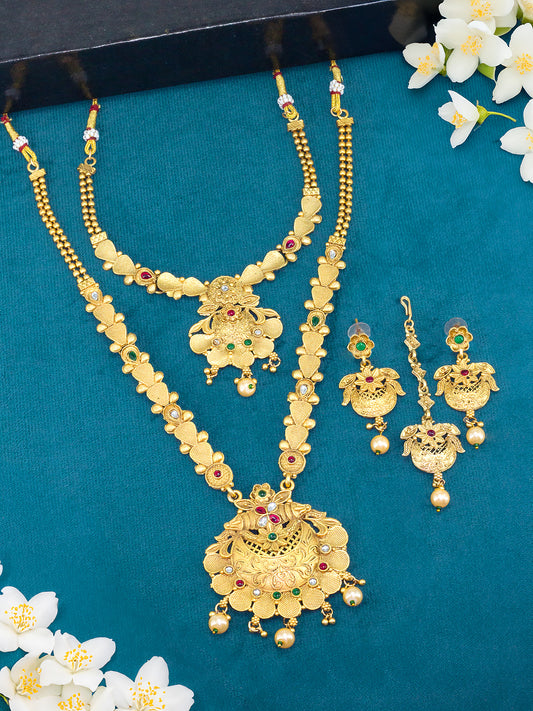 Gold Plated Long & Short Necklace Kundan Studded Temple Jewellery Set