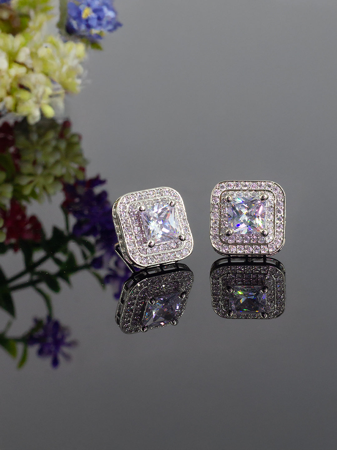 Rhodium Plated Square Shaped American Diamond Earrings