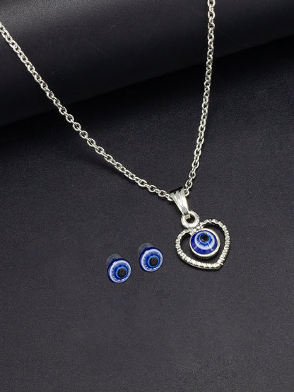 Silver Plated Evil Eye Heart Shaped Pendant & Studs Set