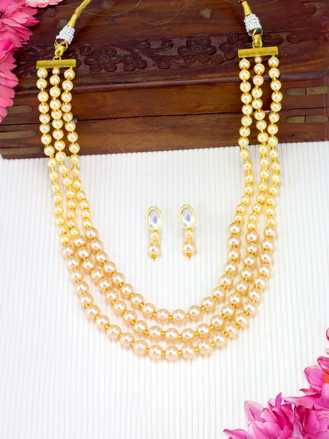 Gold-Plated Pearl-Beaded Layered Necklace & Earrings Set