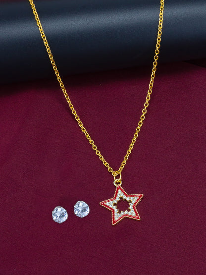 Gold Plated & Red Star Shaped Pendant & Studs Set