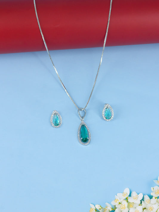 Rhodium Plated Green Drop American Diamond Trendy Pendant Set