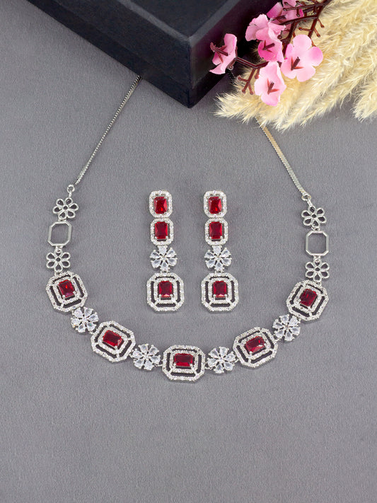 Rhodium Plated Red Floral American Diamond Jewellery Set