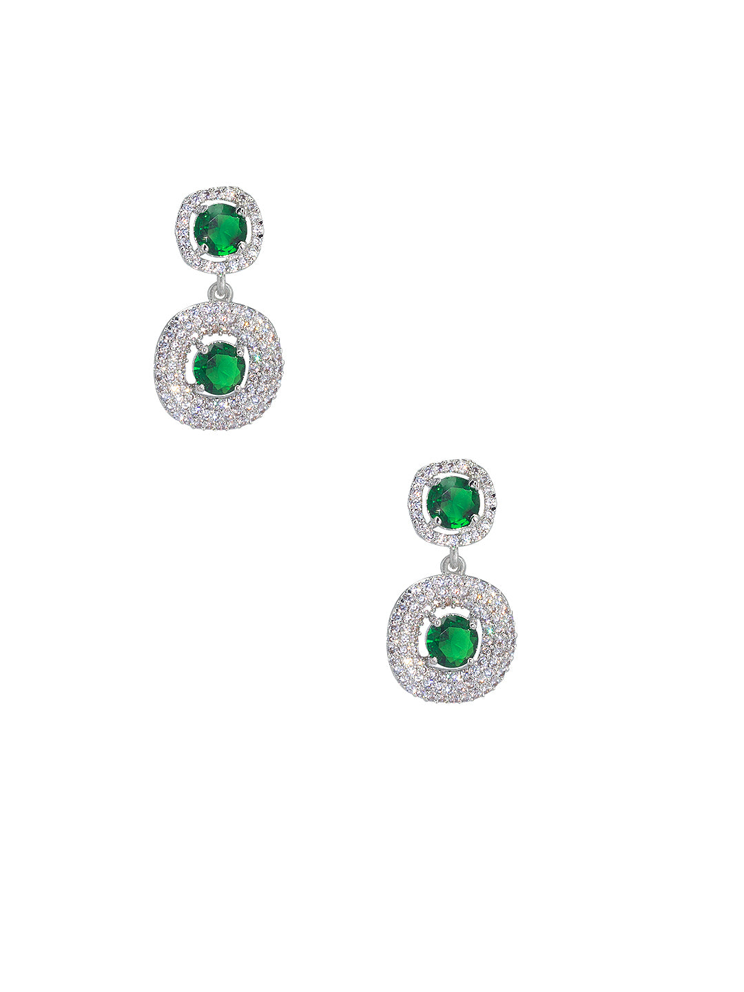 Rhodium Plated Green American Diamond Trendy Drop Earrings