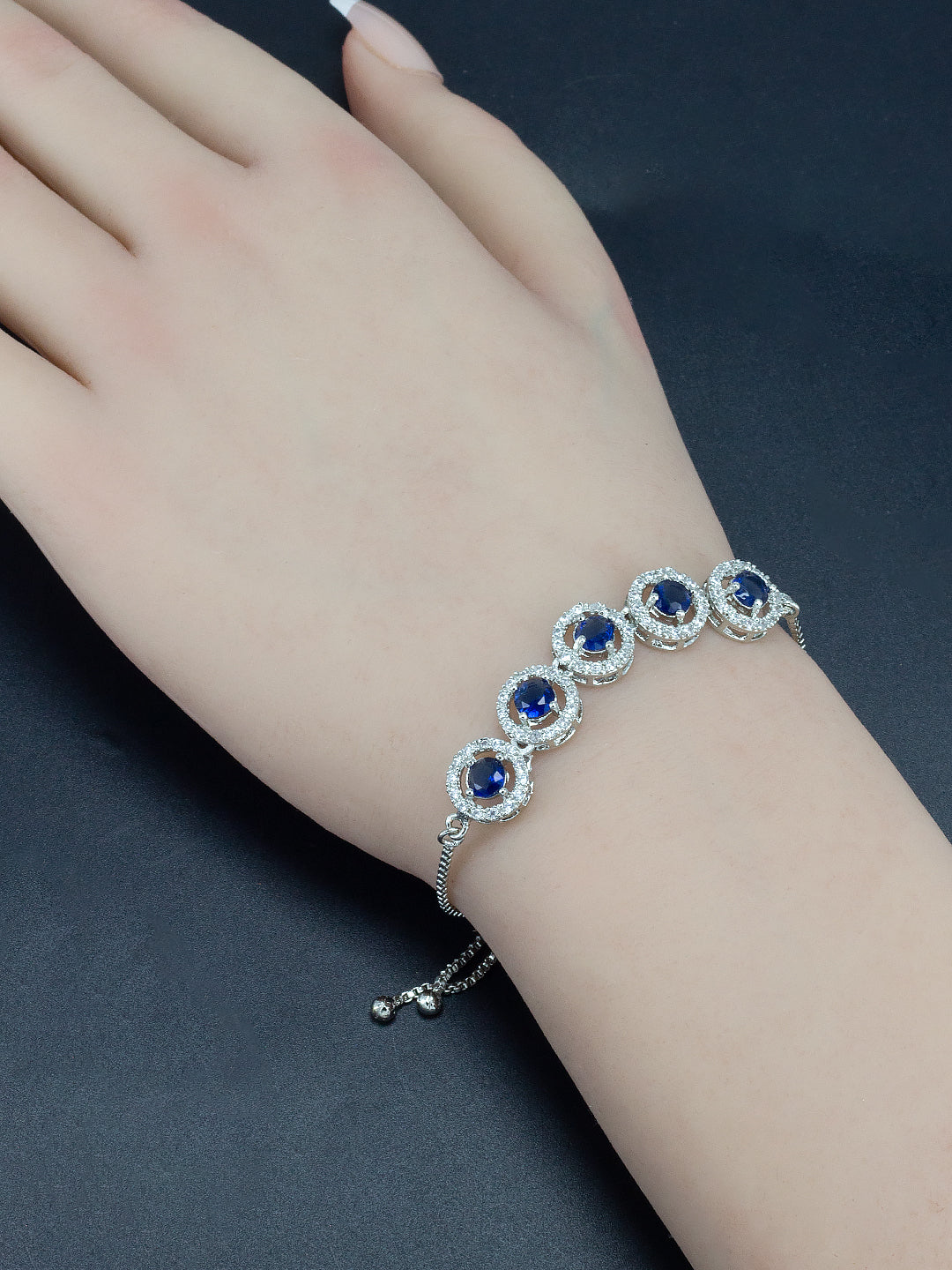 Blue American Diamond Studded Circular Adjustable Bracelet Gift For Women