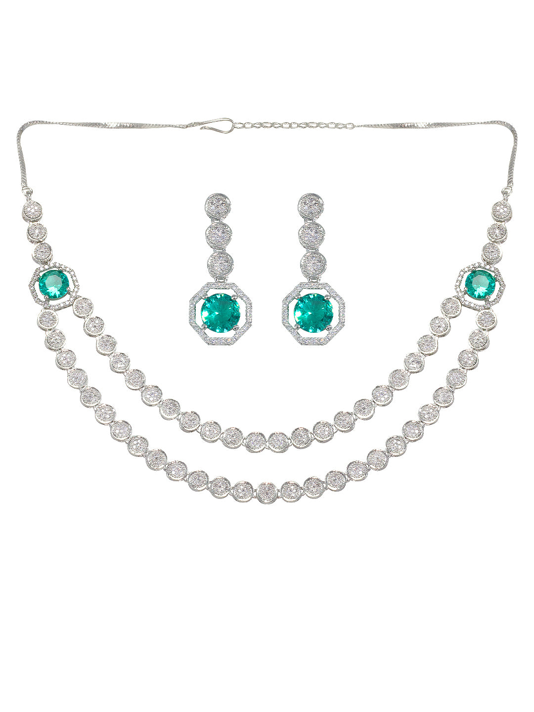 Rhodium Plated Green Layred American Diamond Jewellery Set