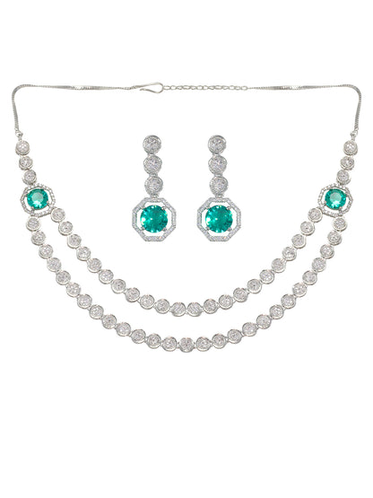 Rhodium Plated Green Layred American Diamond Jewellery Set