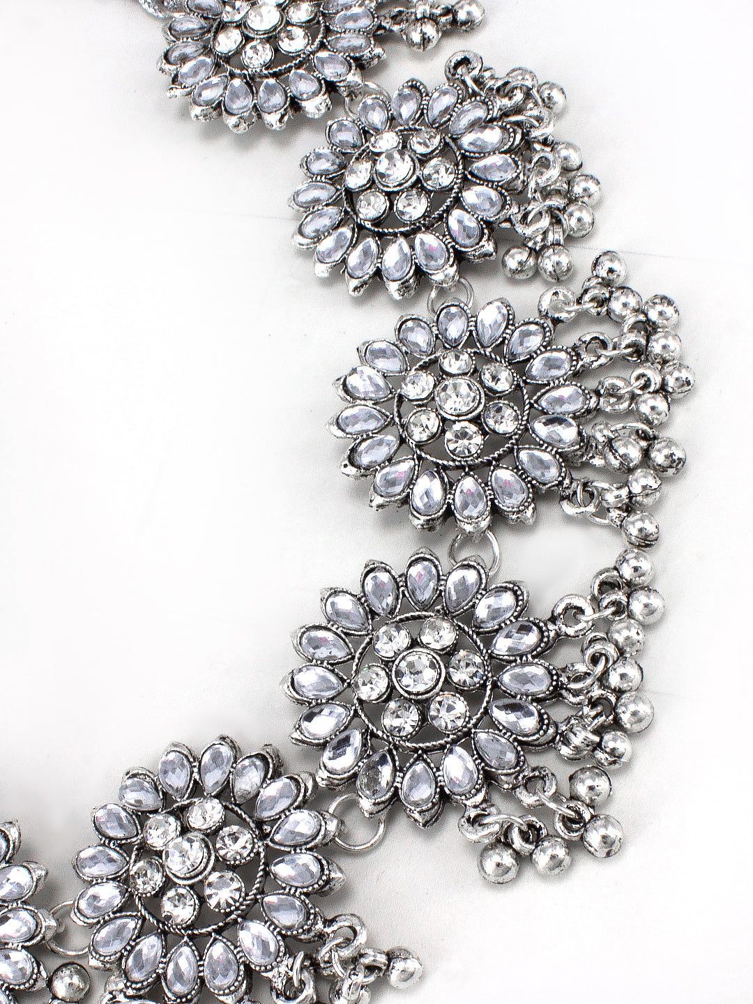 Silver-Oxidised Floral Stone & Beades Studded Jewellery Set