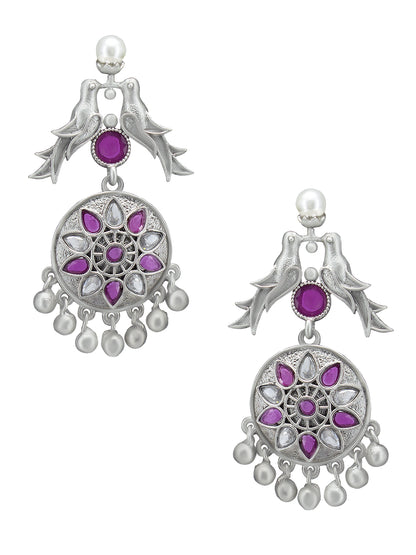 Silver-Plated American Diamond Studded Contemporary Drop Earrings