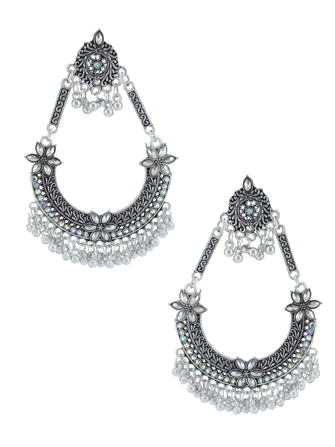 Silver Oxidised Artificial Stones & Beads Chandbali Earrings