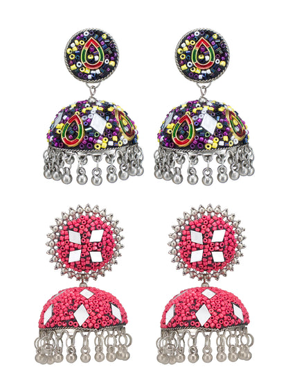 Pack of 2 Silver-Plated Dome Shaped Artificial Stones and Beads Jhumkas