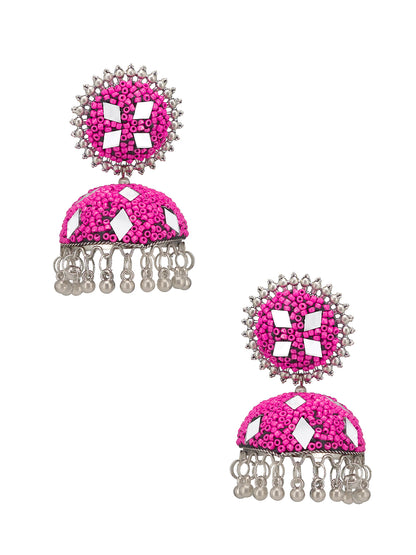 Pack of 2 Silver-Plated Dome Shaped Artificial Stones and Beads Jhumkas