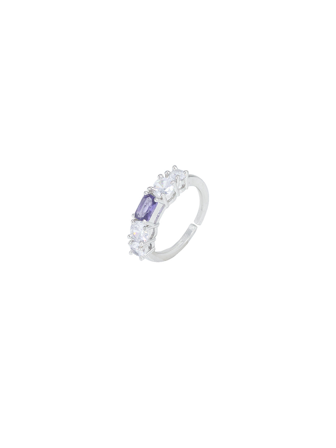 Rhodium Plated Purple American Diamond Adjustable Finger Ring