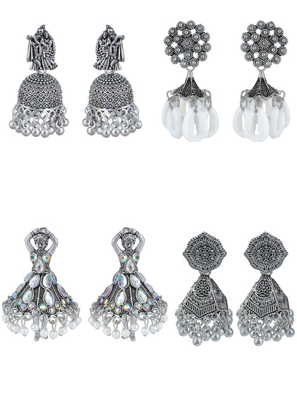 Pack of 4 Silver Oxidised Jhumki Drop Earrings