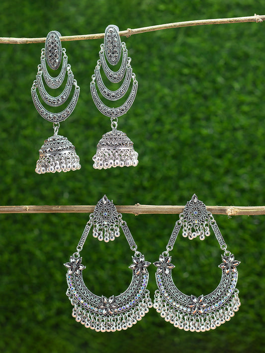 Pack Of 2 Silver Oxidised Crescent Shaped Jhumka Earrings