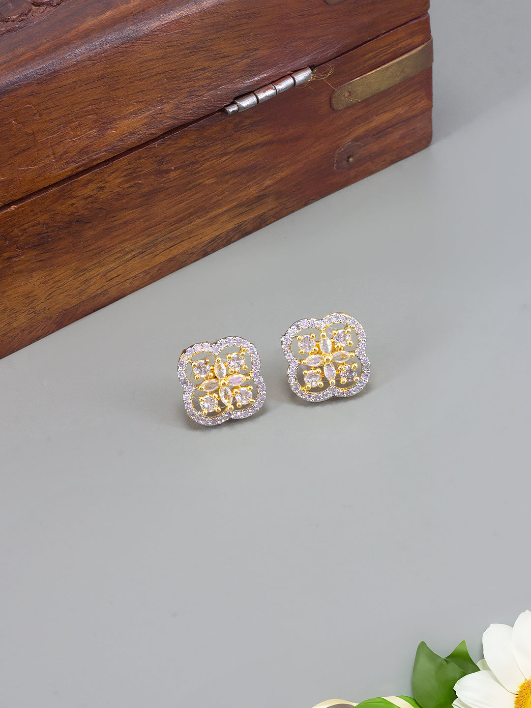 Gold Plated Floral American Diamond Stud Earrings