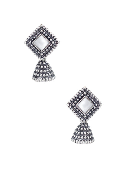 Silver Oxidized Square Mirror Studded Jhumki Earrings