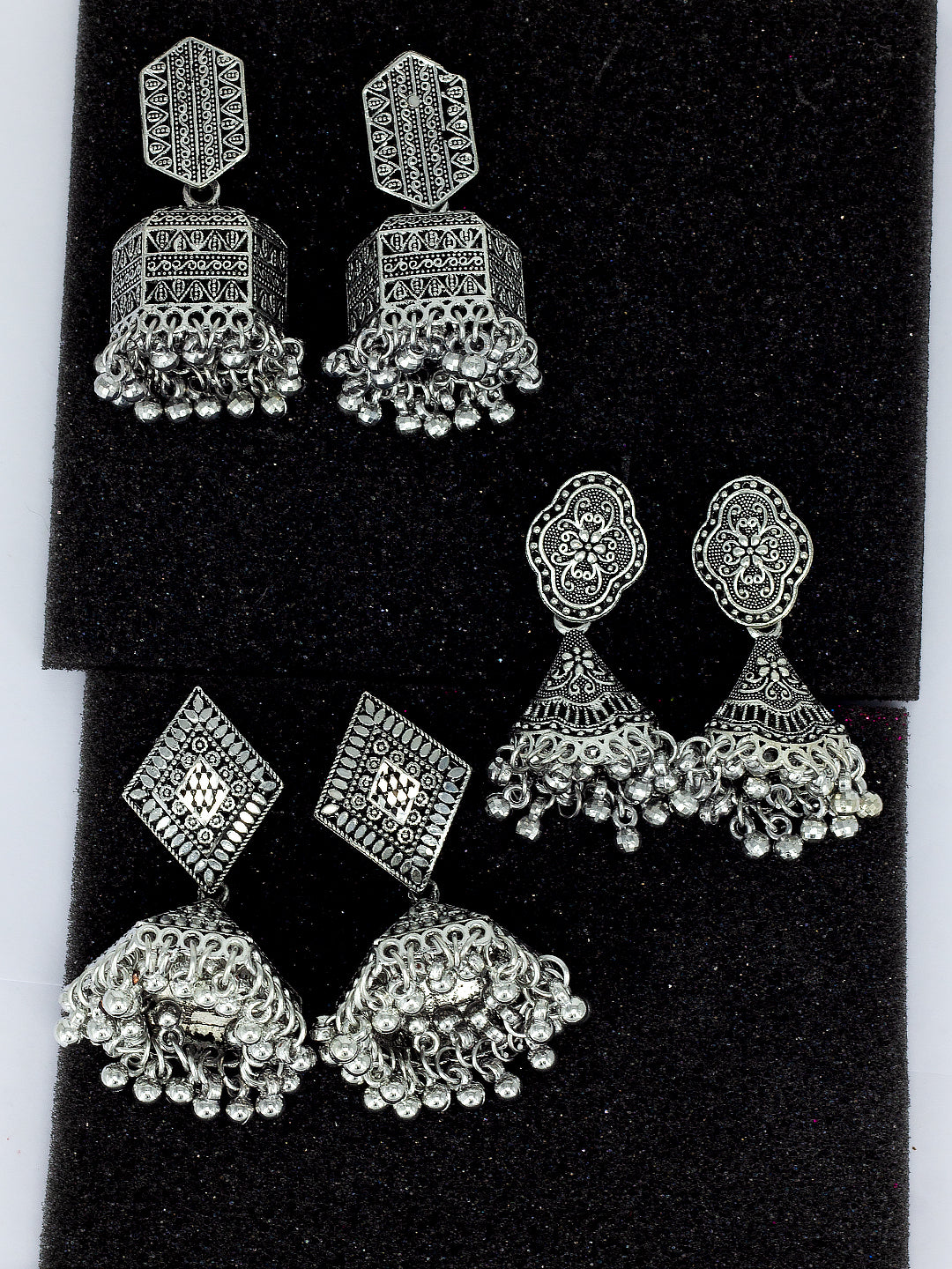 Pack Of 3 Traditional Silver Oxidised Jhumkas