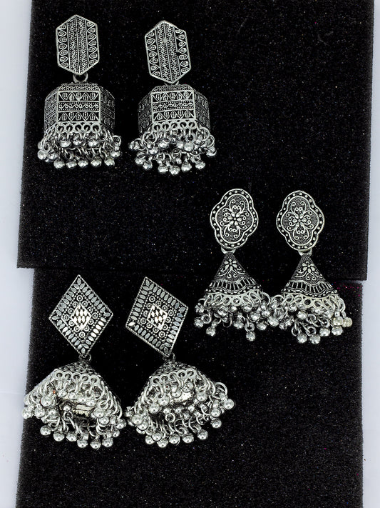 Pack Of 3 Traditional Silver Oxidised Jhumkas