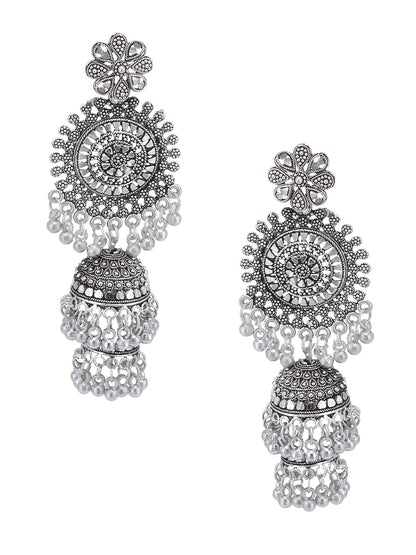 Silver Oxidised Floral Jhumka Earrings