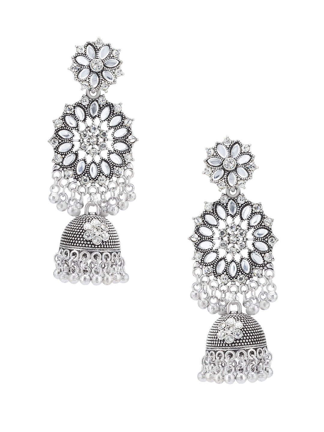 Silver Oxidised Floral Jhumka Earrings