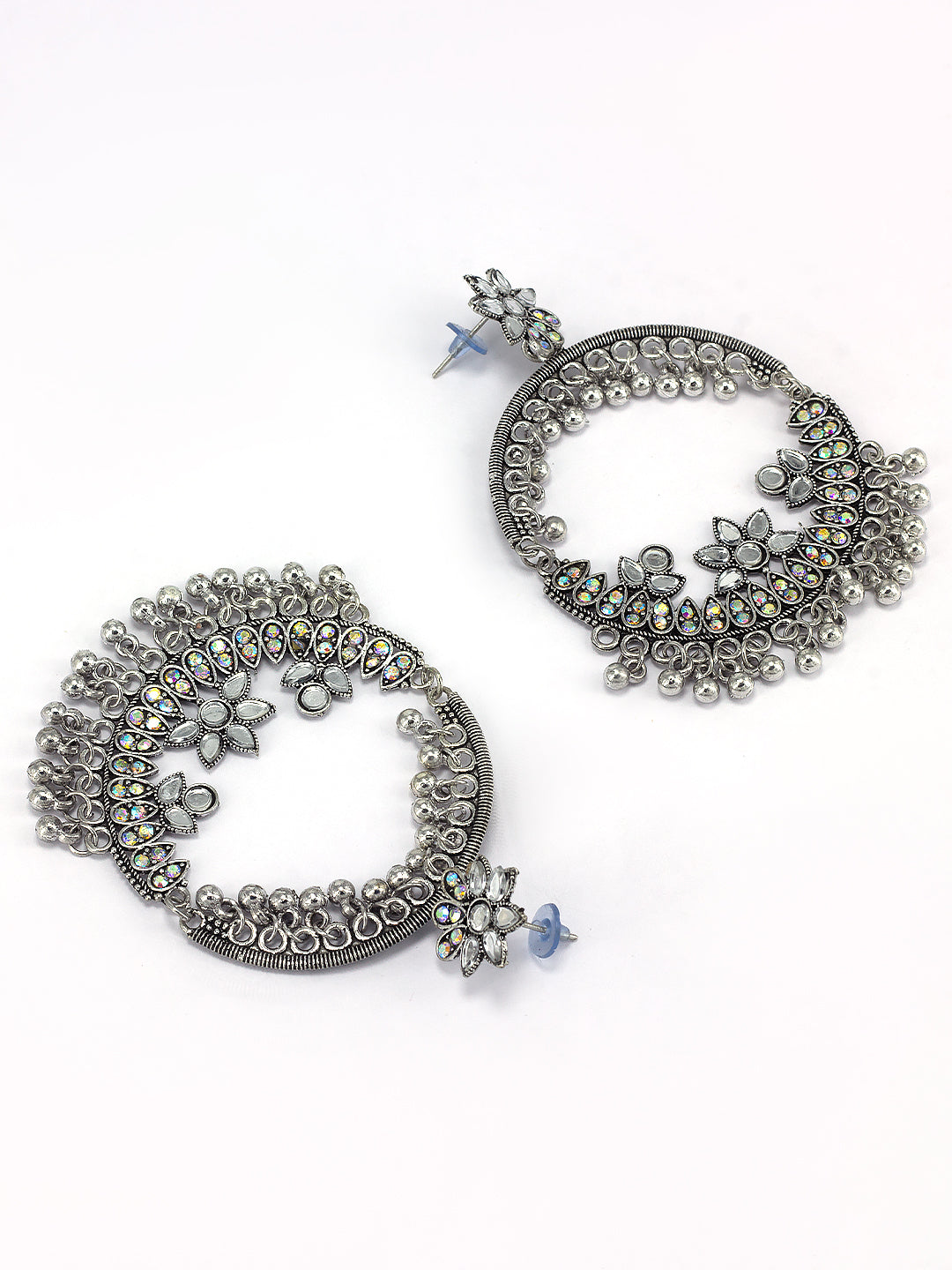 Silver Oxidised Artificial Stones & Beads Chandbali Earrings