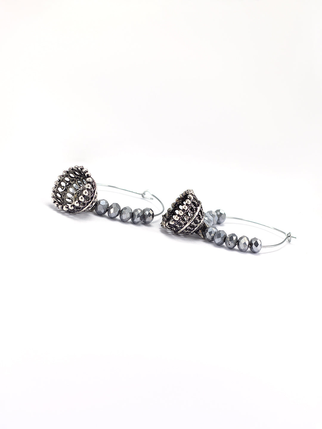 Silver Oxidised Gun Metal Plated Artificial Beaded Hoop Jhumki Earrings