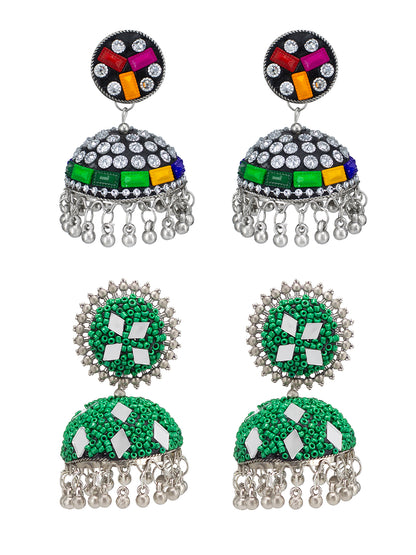 Pack of 2 Silver-Plated Stones Studded and Beaded Dome Shaped Jhumkas