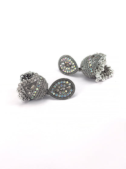 Silver Oxidised Artificial Stone Studded Jhumka Earrings