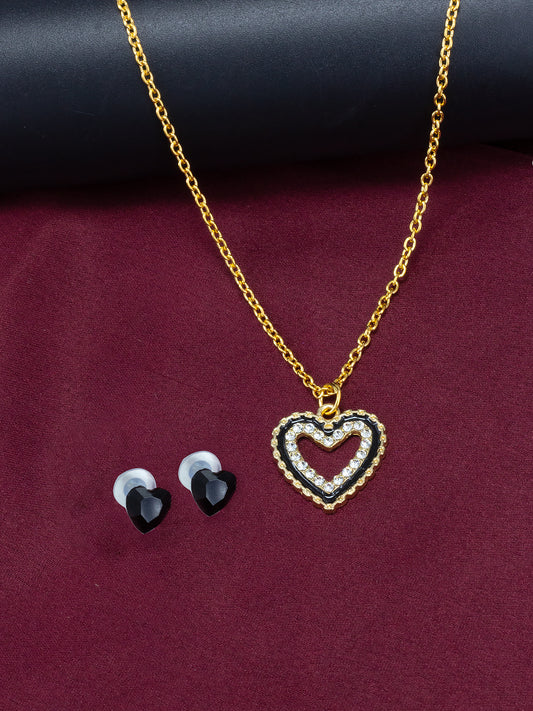 Gold Plated & Black Heart Shaped Pendant & Studs Set