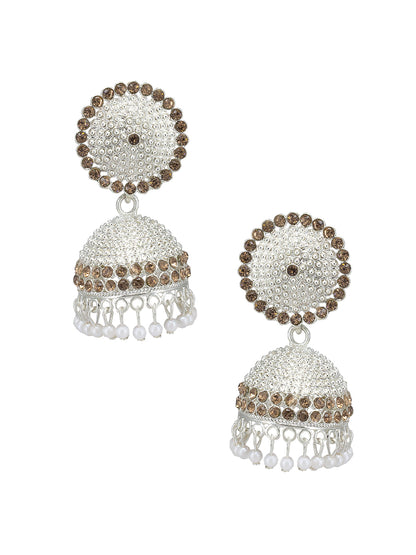 Silver Plated Artificial Stones & Beaded Jhumka Earrings With Mang Tika