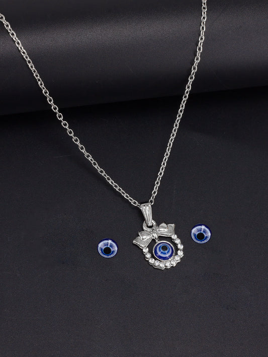 Silver Plated Evil Eye Shaped Pendant & Studs Set