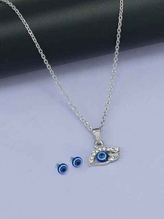 Silver Plated Evil Eye Shaped Pendant & Studs Set